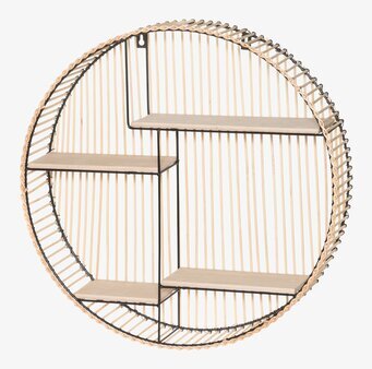 Bild av cirkulär hylla i rotting och metall med träplan