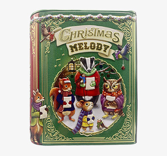 Bild av charmig julplåtburk med djur och gulddetaljer