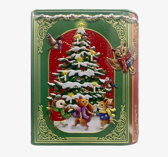 Bild av nostalgisk julbokdesign med djur och julgran