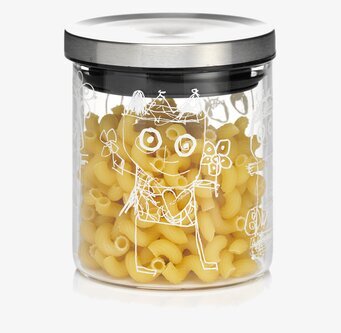 Bild av glasburk med konstnärlig design och stållock