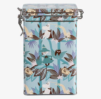 Bild på kaffeburk med Muminmotiv och färgglatt mönster