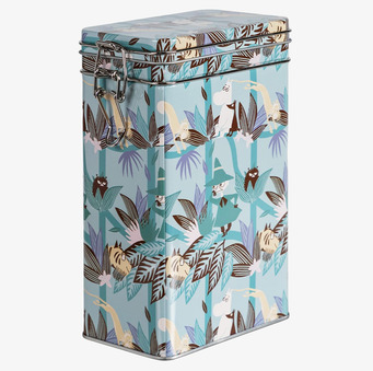 Bild av charmig kaffeburk med Mumin-motiv i blågrönt