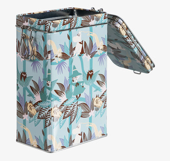 Bild av charmig kaffeburk med Mumin-motiv i blågrönt