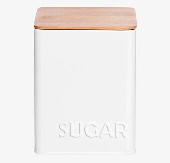 Bild av stilren vit plåtburk med trälock för socker