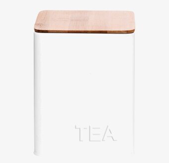 Foto av stilren vit plåtburk med trälock för köket