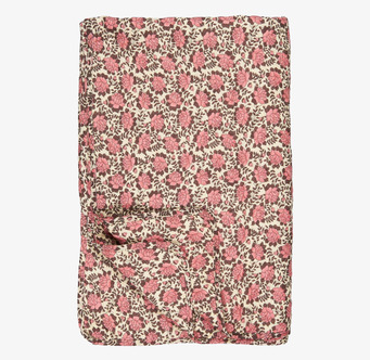 Bild av bomullsfilt med rosa och brunt blommönster