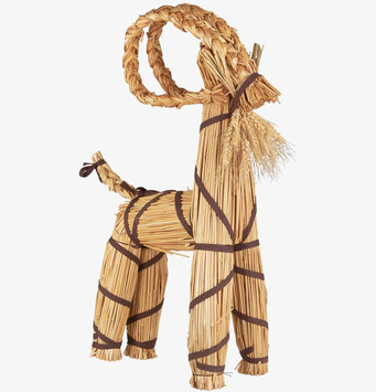 Bild av traditionell julbock i halm med bruna band