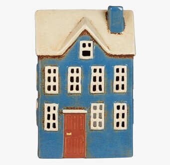 Bild av en charmig blå ljuslykta formad som ett hus