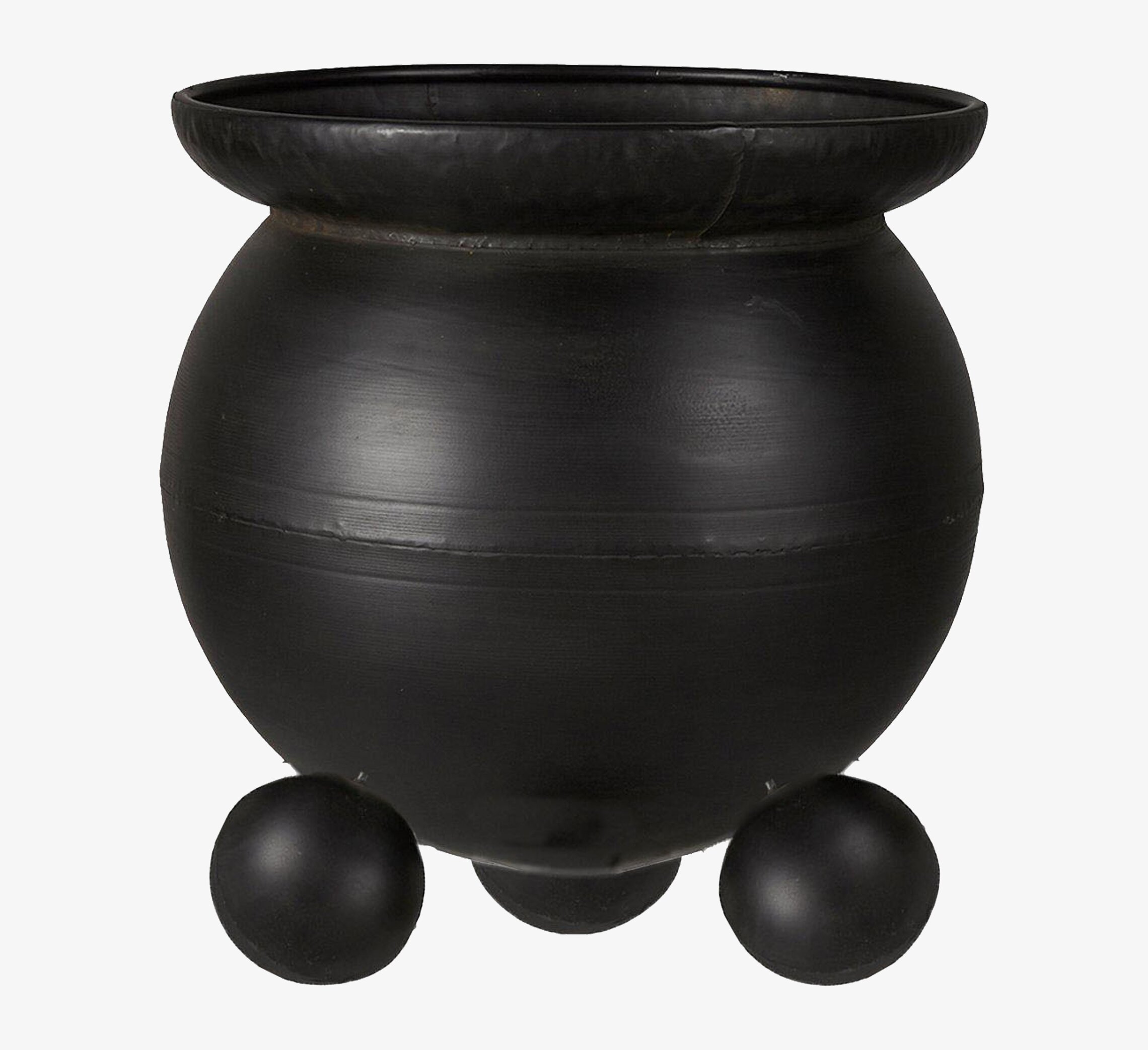 Foto av svart järnkruka med rund form och kulformade ben