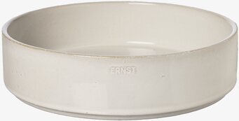 Bild av rund stengodsform i naturvit med glaserad yta