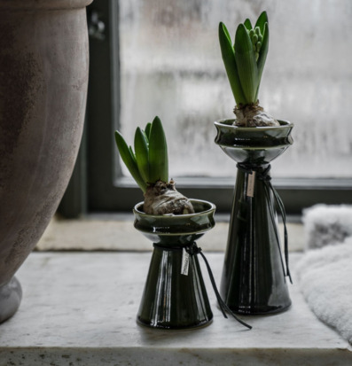 Foto av stilrena lökvaser i mörkgrönt på fönsterbräde