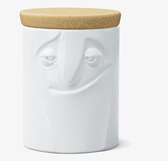 Bild av en stilren porslinsburk med humoristiskt ansikte