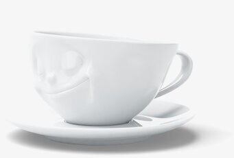 Bild av charmig kaffekopp med leende ansikte och fat