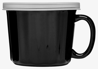Bild på svart mugg med lock och minimalistisk design