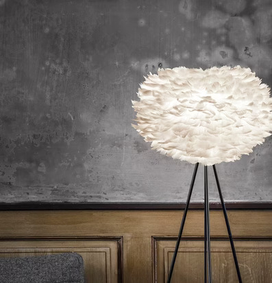 Foto av stilren inredning med golvlampa och soffa