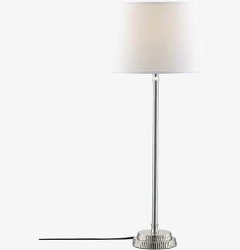 Bild av stilren bordslampa med krombas och vit skärm