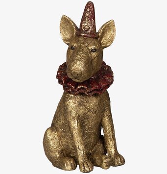 Bild av dekorativ hundfigur med gyllene och röda detaljer