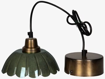 Foto av taklampa med grön glaskupa och mässingsdetaljer