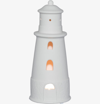Bild av stilren vit ljuslykta med unik fyrdesign