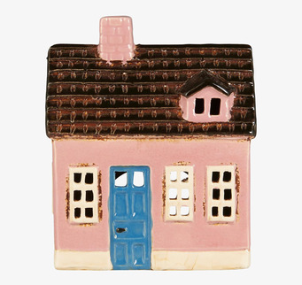 Bild av charmig ljuslykta i rosa keramik med blå dörr