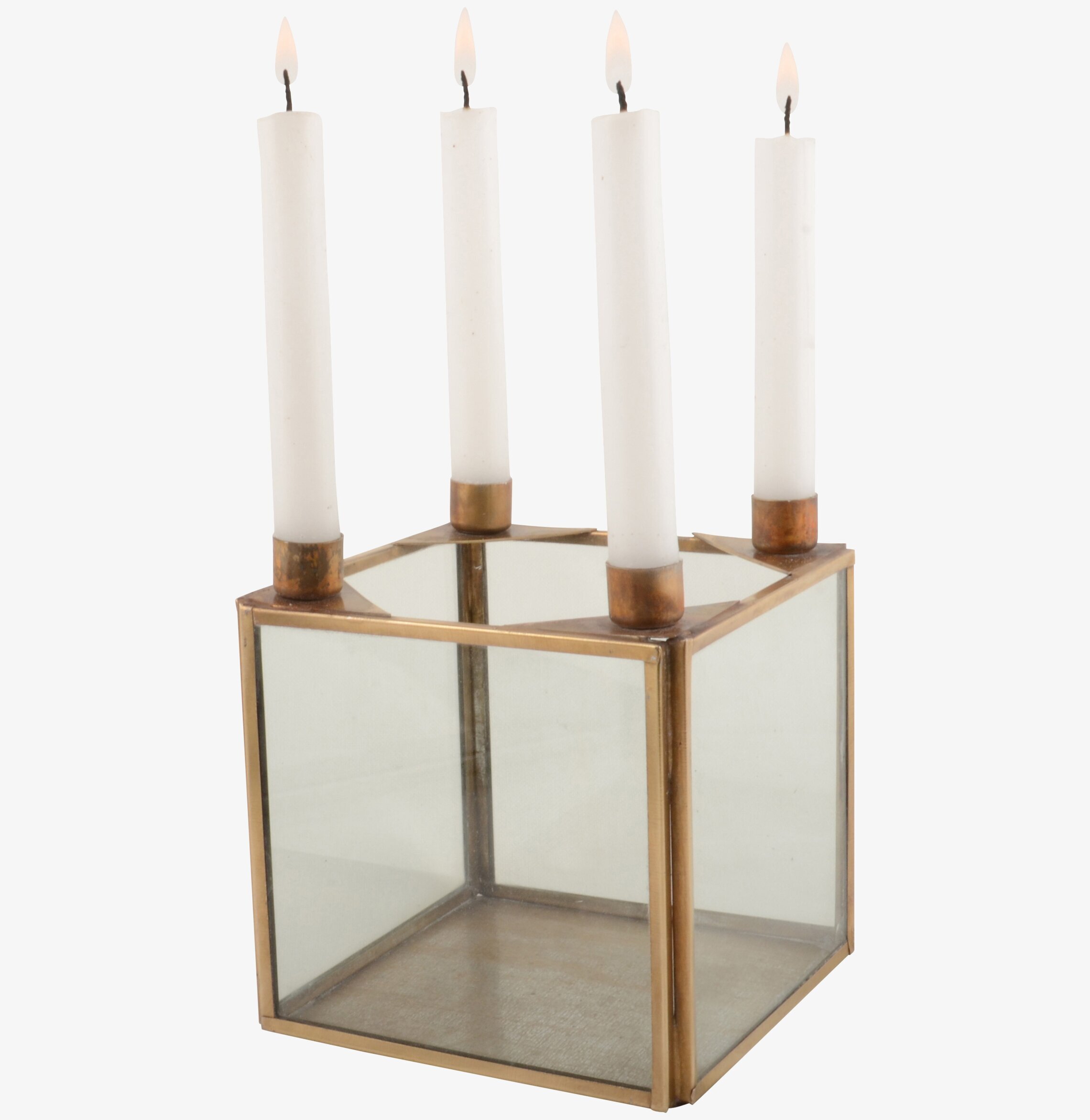 Bild av elegant fyrkantig ljusstake med glas och mässing