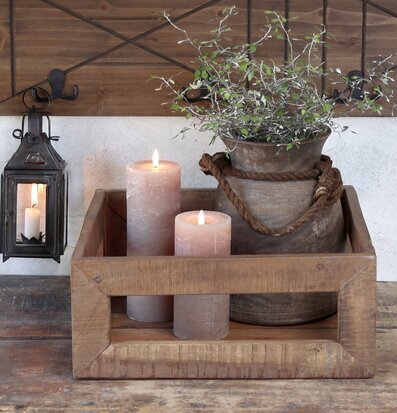 Bild av rustik inredning med trälåda och växtarrangemang