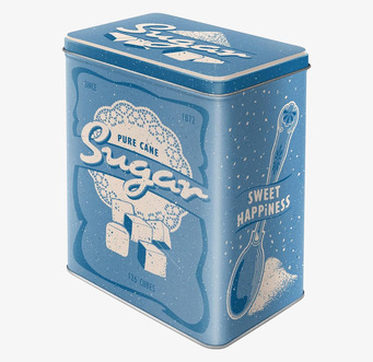 Bild av blå plåtburk med retrodesign och sockerdetaljer