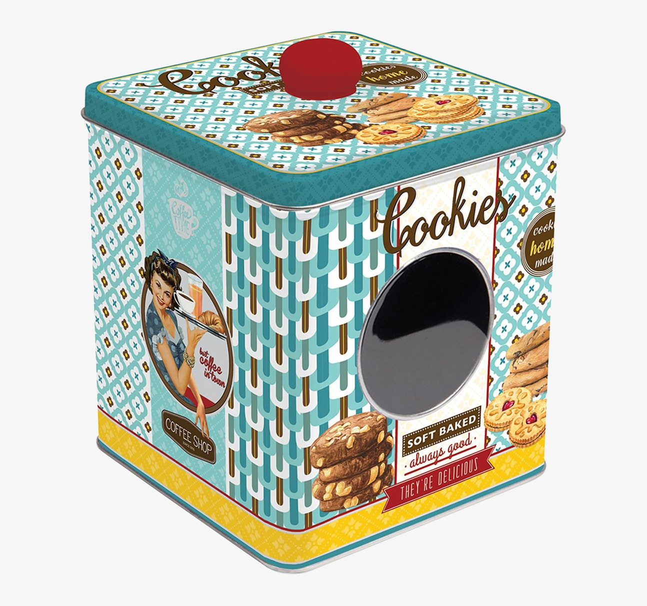 Bild av färgglad retro plåtburk för kakor och kaffe