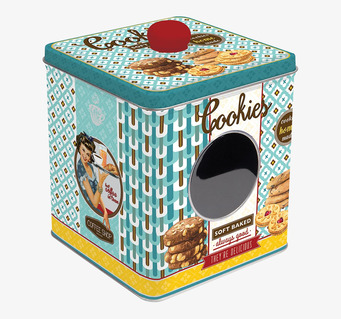 Bild av färgglad retro plåtburk för kakor och kaffe
