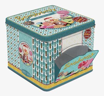 Bild av retro plåtburk med färgglatt mönster och lock