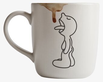 Bild på unik mugg med humoristisk design och fläckar