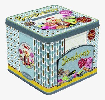 Bild av färgglad plåtburk med godistema och retrodesign