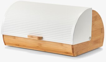 Foto av brödbox i bambu med vitt lock och trähandtag