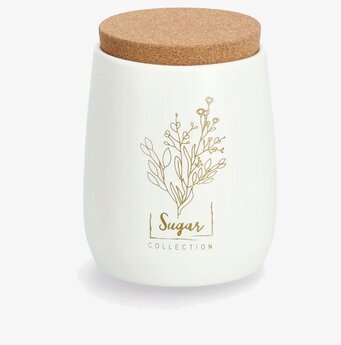 Bild av elegant vit plåtburk med korklock och gulddekor