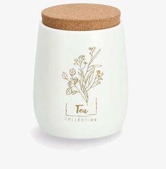 Bild av stilren vit/guldig plåtburk för teförvaring