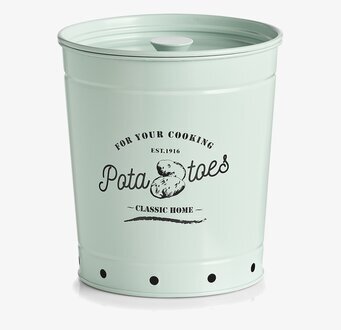 Bild av mintgrön plåtburk för potatisförvaring