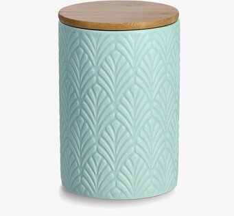 Bild av stilren keramikburk med trälock i mintfärg