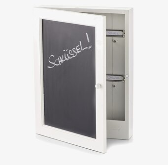 Bild på stilrent nyckelskåp med griffeltavla i trä