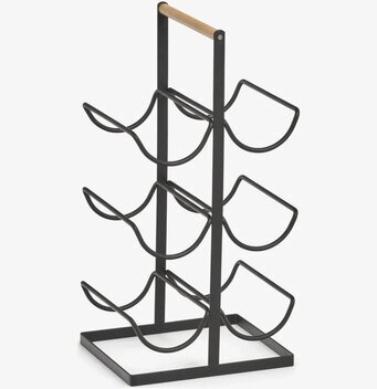 Foto av stilrent vinställ med svart metall och trä