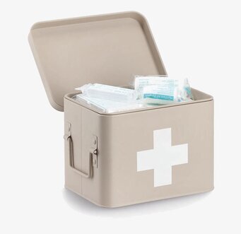 Bild av beige plåtburk för medicinförvaring med handtag