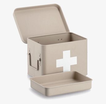 Bild av beige plåtburk för medicinförvaring med kors