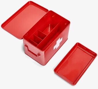 Bild av stilren röd medicinburk med fack och handtag