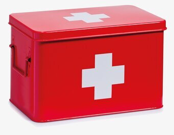 Bild av röd medicinburk med vitt kors och handtag