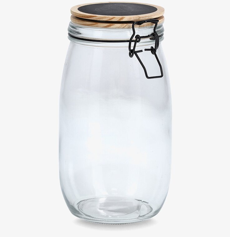 Bild av stilren glasburk med trälock och griffelområde