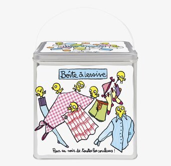 Bild av färgglad plåtburk för tvättmedelsförvaring