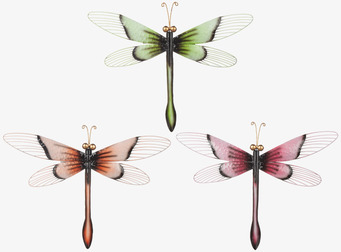 Bild av tre färgglada trollsländor i hamrad plåt