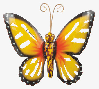 Bild av dekorativ fjäril i livfulla färger och hamrad plåt