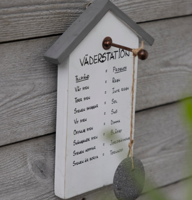 Bild av rustik träskylt med humoristisk väderstation