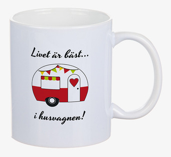 Bild av stilren mugg med husvagnsmotiv och text