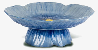 Bild av blått kakfat med blomdesign och gul detalj